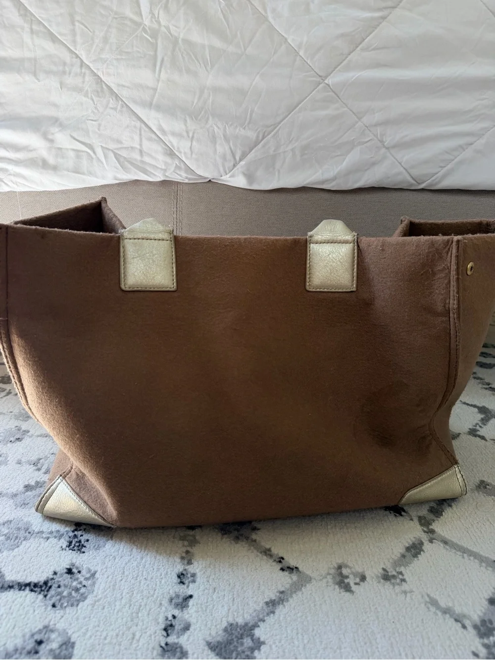 TORY BURCH Ella Brown Wool & Gold Canvas Tote Bag